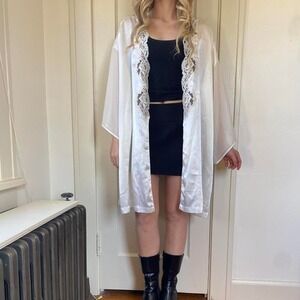 Vintage 90s y2k silk satin robe white with lace